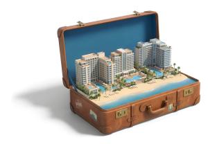 Download this Presentation Clipart featuring a suitcase with a beach resort.