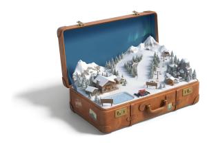 Download this Presentation Clipart featuring a suitcase with a ski mountain scene inside.