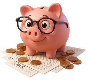 Download this Presentation Clipart featuring a smart piggy bank with tax documents and coins.