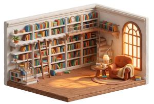 Download this Presentation Clipart featuring a cozy reading library nook symbolizing the love for knowledge.