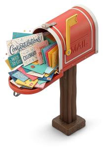 Download this Presentation Clipart featuring a mailbox filled with graduation letters and celebration cards.