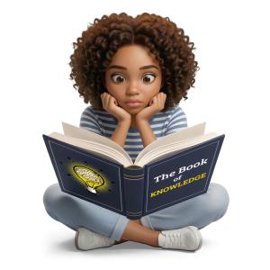 Download this Presentation Clipart featuring a girl reading a book about knowledge.