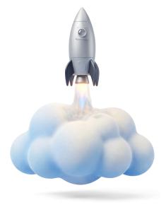 Download this Presentation Clipart featuring a rocket launching from a cloud, symbolizing innovation and exploration.