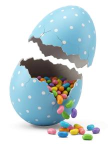 Download this Presentation Clipart featuring a cracked egg filled with colorful candies, perfect for Easter themes.