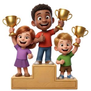 Download this Presentation Clipart showcasing joyful students celebrating their achievements with trophies.