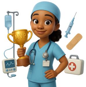 Download this Presentation Clipart of an inspiring nurse holding an MVP trophy in a hospital setting.