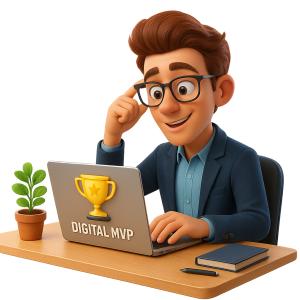 Download this Presentation Clipart featuring an entrepreneur celebrating a digital MVP award in a modern workspace.