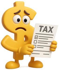 Download this Presentation Clipart featuring a worried dollar sign with a tax form.