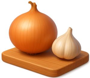 Download this Presentation Clipart featuring an onion and garlic on a cutting board.