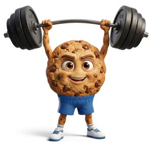 Download this Presentation Clipart featuring a strong cookie character lifting weights.