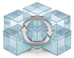 Download this Presentation Clipart illustrating a continuous improvement cycle with transparent cubes and a circular arrow.