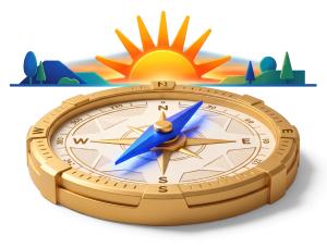 Download this Presentation Clipart to symbolize looking forward to the future with a compass and rising sun.