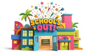 Download this Presentation Clipart celebrating school’s out for summer with vibrant colors and festive elements.
