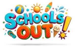 Download this vibrant Presentation Clipart celebrating summer break with fun elements and colorful text.