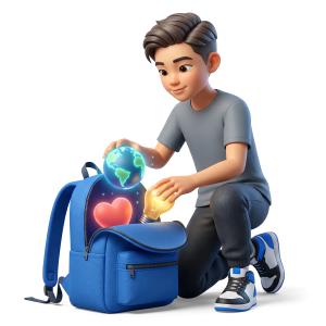 Download our 3D student clipart packing a backpack with knowledge. High-quality PNG featuring glowing education icons. Perfect for school and growth themes.