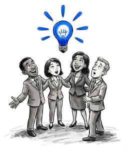 Download our sketch-style teamwork clipart. Features a diverse group around a glowing light bulb. Perfect for brainstorming, innovation, and startup slides.