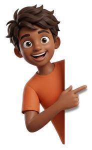 Download our youth boy clipart pointing to a message. Features a vibrant orange shirt and joyful expression. Perfect for school, guides, and inclusive slides.
