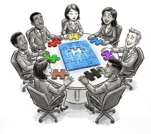 Download our sketch-style teamwork clipart of a group solving a puzzle. Perfect for corporate training, agile strategy, and collaboration slides.