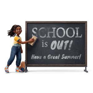 Customize this 3D girl erasing a chalkboard clipart. Personalize the text, add school logos, or update messages for summer camp and end-of-year school slides.