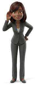Download this engaging clipart featuring a professional woman listening in PNG format, perfect for enhancing communication themes.