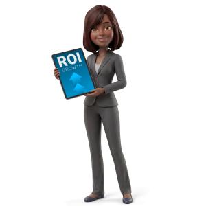 Download this Presentation Clipart featuring a professional character holding a tablet with ROI growth.