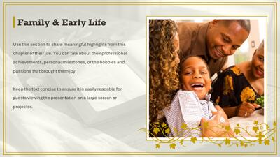 Slide 3 layout from the A Life Celebrated: Elegant Memorial Slideshow Template presentation deck.