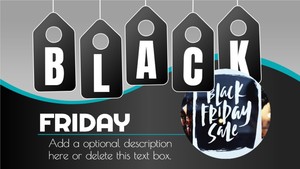 This customizable black friday video shows sales tags dropping down spelling out the word black, then elements and text animate in to complete the layout design.  Customize this Black Fiday SlideClips video by adding your own text and image.  &lt;br&gt;&lt;br&gt;You will find instructions included in this template to help you customize.