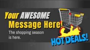 This customizable commerce SlideClip video shows a shopping cart rotating as it comes up from the floor and text title animate around it.  