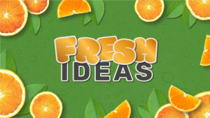 A slideclip video project featuring fresh sliced oranges on a colorful green and blue background.