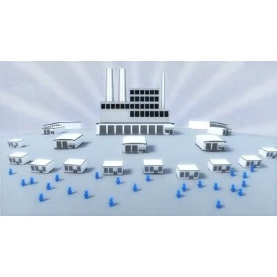 A manufacturing company grows by building a factory, warehouses distributors, stores and outlets.  Customers appear in greater numbers around the stores.