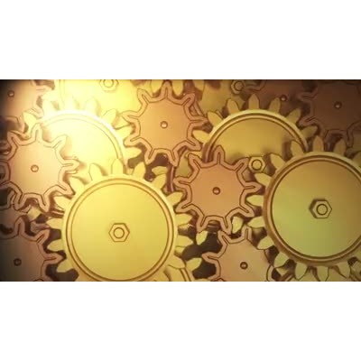 A looping video background with a mass of golden gears all turning in unison.