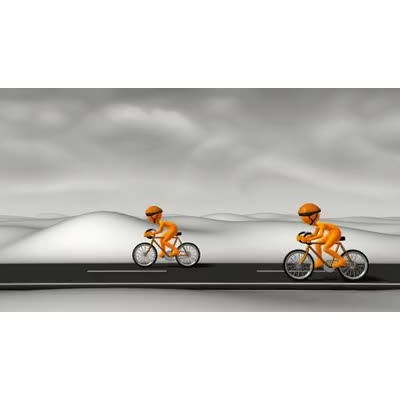 Animated bicyclist figures racing on a road. 