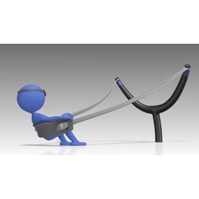 A risk-taker stick figure launches off a large sling shot into the air.  
