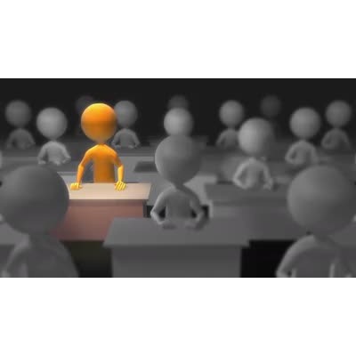A single figure stands out behind a desk surrounded by other figures at desks in this video background.