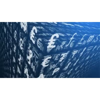 A matrix of different money symbols cycles through different currencies.