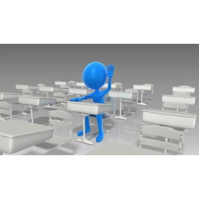A blue stick figure raising it&#039;s hand among a bunch of empty desks.  