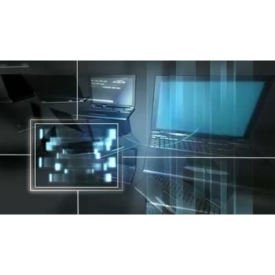 A light beam sends information to and from different rotating laptop computers making the screens glow.