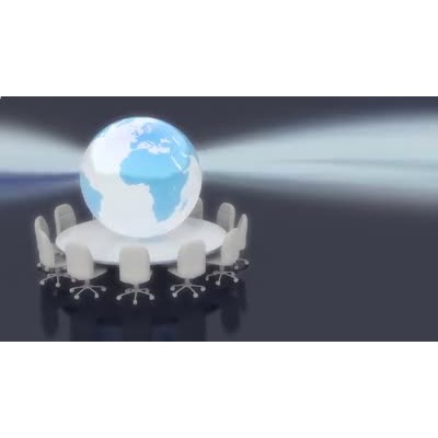 A globe slowly rotates on top of a conference table in this video background.
