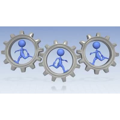 Three blue stick figures work together to turn three gears by running in them.    