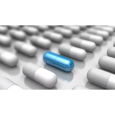 A video featuring an assembly line of pills with one blue pill in the bunch.