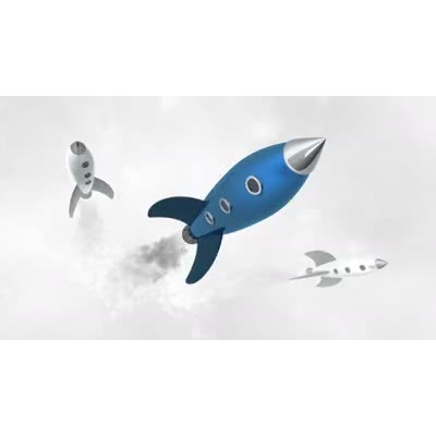 Three retro-styled spaceships rocket up through the atmosphere.