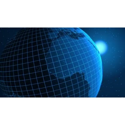 A blue globe covered with a grid spins with the sun and stars in the background.