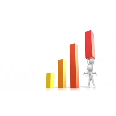 Two stick figures using teamwork to raise the last bar in a four bar graph.