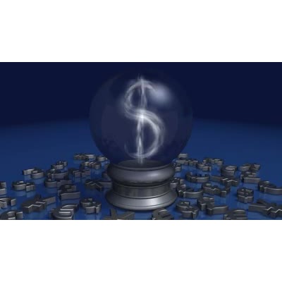 A crystal ball contains mist in the form of a dollar symbol.