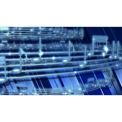 Animated blue musical notes flying by up close and in the distant.  