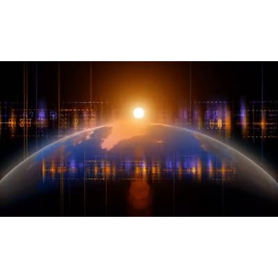 The sun rises over the earth as seen from outer space.  A random set of number rapidly flash in the foreground.