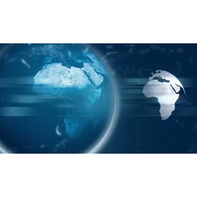 A stylized globe rotates with a smaller stylized earth rotating beside it in this video background.