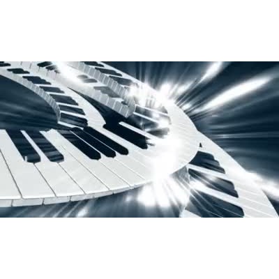 A stylized musical video background featuring piano keys and keyboards.