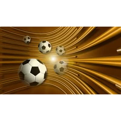 A group of soccer balls rotate in front of a glitzy golden background in this sports themed video background.