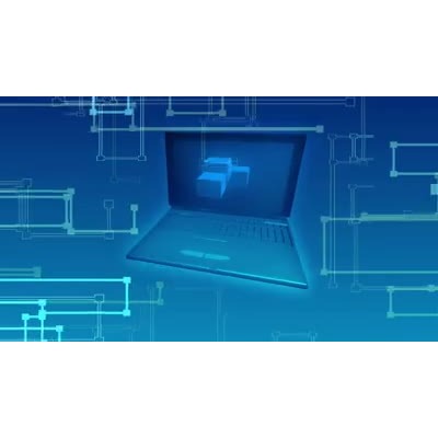 A laptop computer slowly spins over patterns of electrical circuit boards in this technology inspired video background.